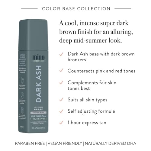 Minetan Self Tan Foam | Dark Ash - 1 Hour Express, Best Sunless Tanning Mousse for a Cool Dark Bronze Skin Finish, Face & Body Fake Tanner, Ultra Hydrating Glow, Vegan & Paraben Free, 6.7 Fl Oz