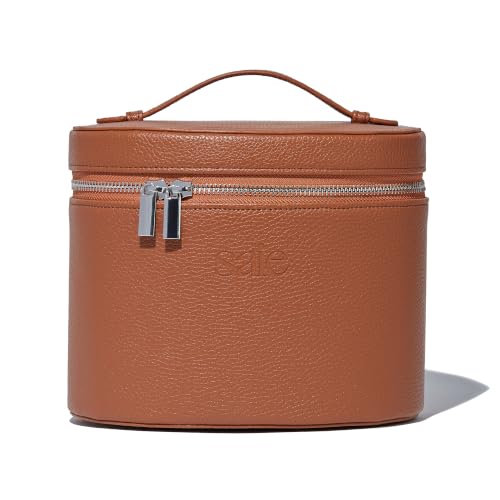 Saie Original Vanity Case - Vegan Leather Makeup Bag + Travel Toiletry Bag With Removable Interior Organizer - Durable + Portable Makeup Pouch with Carrying Handle + Zipper Closure - Caramel Brown