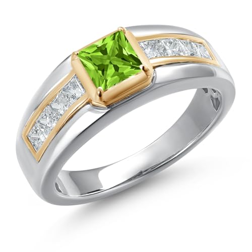 Gem Stone King Princess Cut Ring For Men | 5MM Princess Cut Gemstone Birthstone and 2.4MM Round Lab Grown Diamond | 925 Silver and 10K Yellow Gold | Available in Size 7-13