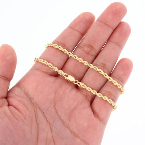 Nuragold 14k Real Yellow Gold Rope Chain Solid Diamond Cut Necklace - 2.5mm - 18"