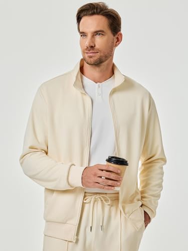 JMIERR Track Suit Mens Sweatsuit Casual Sports Jogging Sets Sweat Suit Full Zip Loungewear Sets Cream Textured Two Piece Outwear Regular Fit for Early Fall Spring, M, Beige