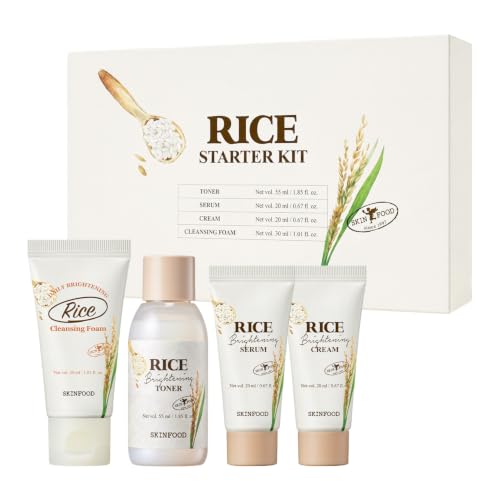 SKINFOOD Rice Starter Kit, Rice Toner, Rice Serum, Rice Moisturizer, and Rice Face Wash for Glass Skin, Korean Skin Care Set, Travel Size Kit, Stocking Stuffers, Gift Set for Women, Skincare Gift Set