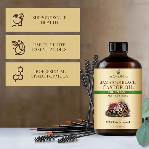 Handcraft Blends Cold-Pressed Jamaican Black Castor Oil 4 Fl Oz | Glass Bottle | Lash Brushes | 100% Pure and Natural | Premium Grade Carrier Oil | Hair, Eyelashes and Eyebrows | Hair and Body