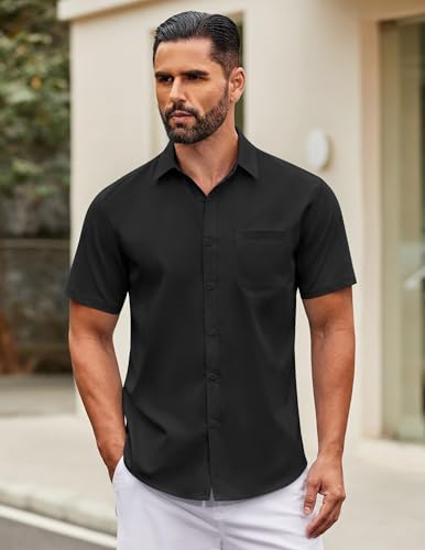 COOFANDY Men's Button Up Shirts Short Sleeve Button Down Shirt Men Casual Dress Shirts for Men Black