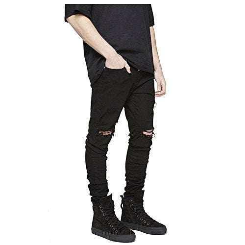 LONGBIDA Men's Slim Fit Ripped Stretch Skinny Jeans for Men, Distressed Tapered Leg Fashion Pants, Black, 34