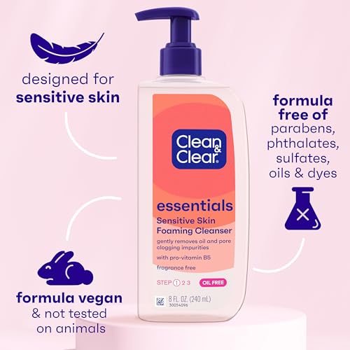 Clean & Clear Essentials Oil-Free Foaming Facial Cleanser, Daily Foaming Face Wash with Pro-Vitamin B5 for Sensitive Skin, Gently Removes Oil & Pore-Clogging Impurities, Fragrance-Free, 8 fl oz