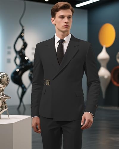 Men's 2 Piece Suit with Metal Clasp Slim Fit Suit Stylish Business Tuxedo Suit Set-2XL,Black