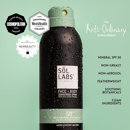 SOL LABS Mineral Sunscreen Spray SPF 50 - Lightweight Sheer Mist, Zero White Cast - Reef Safe, Water Resistant 80 Min - Non-Aerosol Face & Body Protection - Korean Formulation - 6 oz
