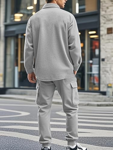 Men's Fleece Cargo Jacket Tracksuit Set 2 Pieces Solid Color Long Sleeve Button up Jacket and Cargo Pants Set Light Grey
