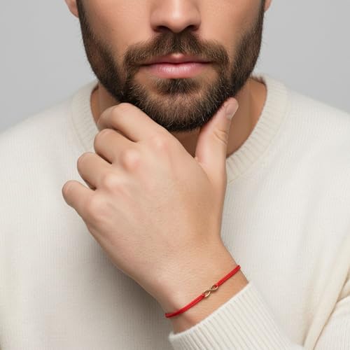 Luck Strings 14k Solid Gold Infinity Cord Bracelet String Charm Adjustable Jewelry Unisex Rope Thread Bracelets for Women Men (Red)