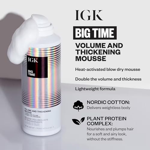 IGK Big Time Volume & Thickening Mousse for Fine, Flat & Curly Hair, 6.2 Oz