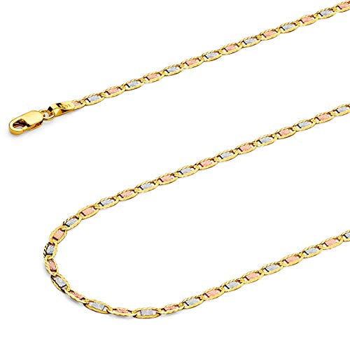 14k REAL Tri Color Gold Solid 2.5mm Star/Edge Diamond Cut Chain Bracelet with Lobster Claw Clasp - 7"