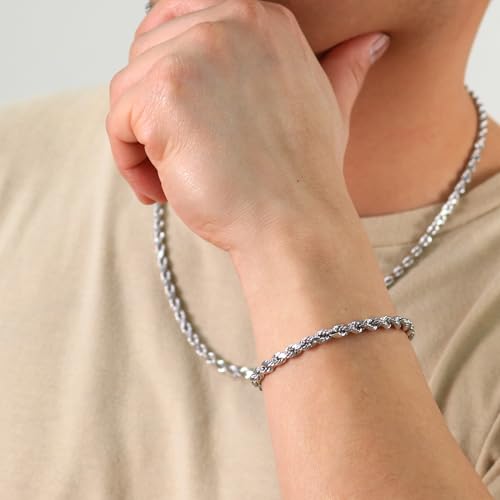 Nuragold 14k Real White Gold 5mm Rope Chain Diamond Cut Bracelet (7"-9") - 7.5"