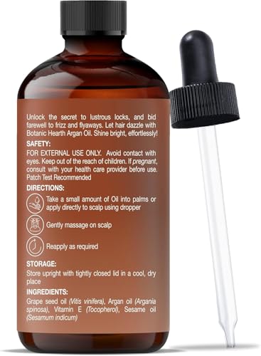 Botanic Hearth Argan Hair Oil for Adult Hydration, Nourishing, Strengthening, Curly, Frizzy, Dry, Damaged Hair, Non-GMO Verified, 4 fl oz, 1 Count