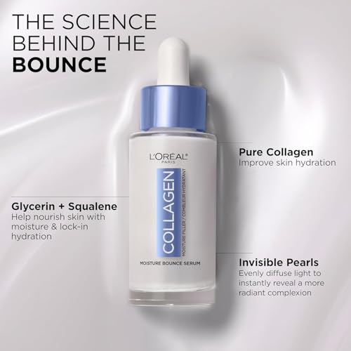 L'Oreal Paris Collagen Moisture Filler Moisture Bounce Face Serum, Glow Serum with Collagen, Glycerin, and Squalane for Bouncy, Radiant, Hydrated Skin, Includes Sample