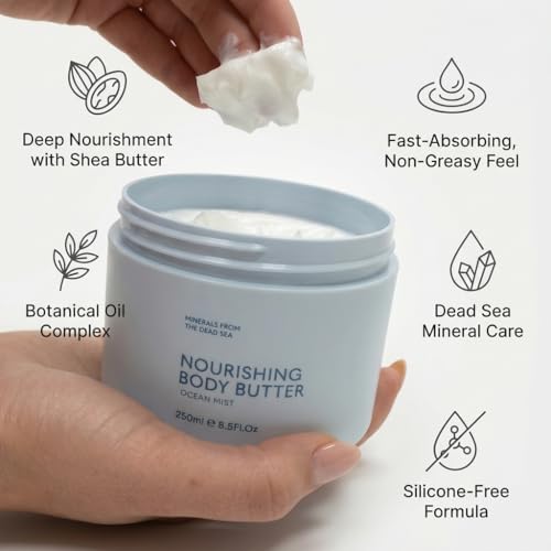SEACRET Minerals Dead Sea Body Butter, Ocean Mist - Ultra-Rich Shea Butter & Coconut Oil Body Moisturizing Cream for Dry Skin, Fast Absorbing, Non-Greasy with Aloe Vera & Vitamin E, 8.5 Fl Oz / 250 ml