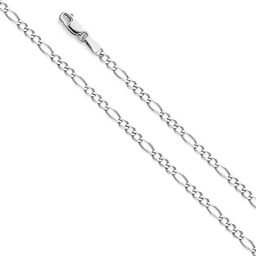 14k REAL White Gold Solid 2.5mm Figaro 3+1 Concave Chain Bracelet with Lobster Claw Clasp - 7"