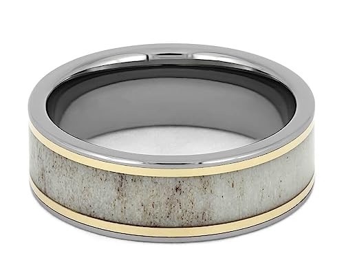 The Men's Jewelry Store (Unisex Jewelry) Deer Antler, 14k Yellow Gold 7mm Titanium Comfort-Fit Ring Size 11.5