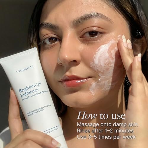 VASANTI BrightenUp! Exfoliator (120g) | Physical + Chemical Facial Exfoliator Scrub with Instant Results for Soft, Smooth and Radiant Skin | Enriched with Papaya, Microcrystals and Aloe | 99% Natural