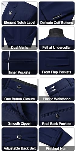 MAGE MALE Mens Suits Slim Fit 3 Piece Tuxedo Suit One Button Solid Prom Wedding Party Blazer Vest Pants Set with Tie Navy Blue