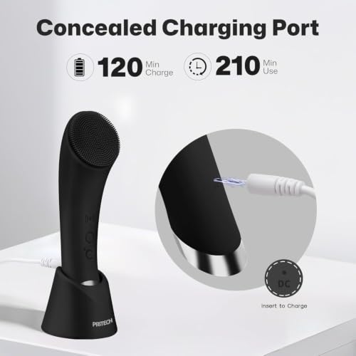 PRITECH Facial Cleansing Brush, Rechargeable Silicone Face Scrubber with Heat Massage End, Vibrating Exfoliator Scrubber for Deep Cleaning, Waterproof Face Brush for Women and Men (Black)