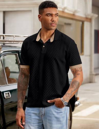JMIERR Polo Shirts for Men Classic Fit Short Sleeve Casual Soft Button Old Money Textured Cable Knit Quiet Luxury Shirt, XL, Black