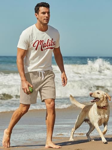 JMIERR Men's Casual Essentials Shorts Cable Knit Textured Elastic Waist Drawstring Shorts with Pockets for All Day Comfort, Light French Beige, XX-Large