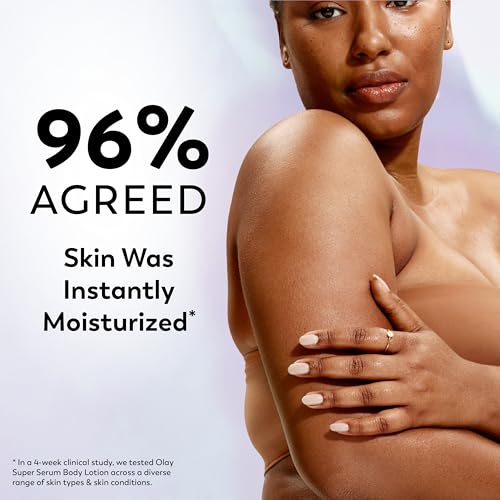 Olay Super Serum Hand & Body Lotion for Dry Skin, 24hr Long Lasting Hydration, 5+ Ingredient Complex for Bright Even Firm Luminous Skin, Sweet Vanilla & Soft Wood Scent, 18.5 fl oz