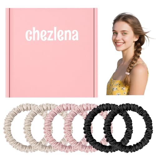 chezlena100% Silk Scrunchies for Women -No Crease & No Damage Hair Ties | Reduces Frizz, Gentle Elastic,Blackpinkchampagne, Pack of 6