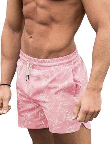 COOFANDY Mens Bathing Suit with 5 Inch Inseam Summer Swim Trunks Big and Tall Swimwear Pink Leaf M