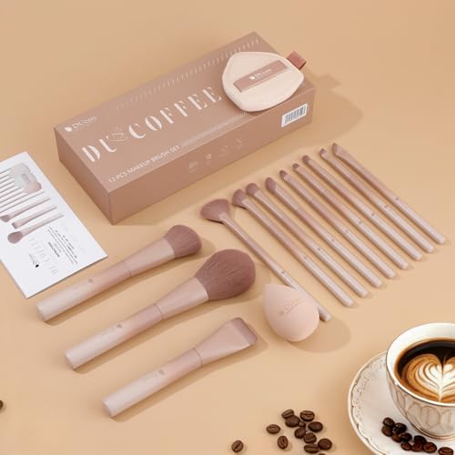 DUcare 14pcs Makeup Gift Set,12Pcs Coffee Series Makeup Brush set with 2pcs Makeup Sponges Foundation Blending Face Powder Blush Eye Shadows Brushes