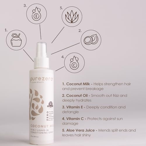 Purezero 9-in-1 Leave-In Conditioner Spray 6 oz – Multi-Action Hair Treatment for Moisture, Detangling, Frizz Control, Heat Protection, and Shine