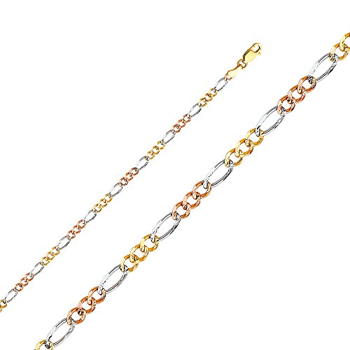 14k REAL Tri Color Gold Solid Men's 3.5mm Figaro 3+1 Concave Chain Bracelet with Lobster Claw Clasp - 7"