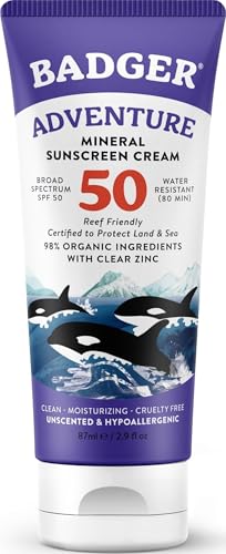 Badger Reef Safe Mineral Sunscreen, SPF 50, 98% Organic with Zinc Oxide, Non Toxic, Water Resistant, Unscented & Hypoallergenic, Broad - Spectrum, For Adventure & Sport, 2.9 fl oz