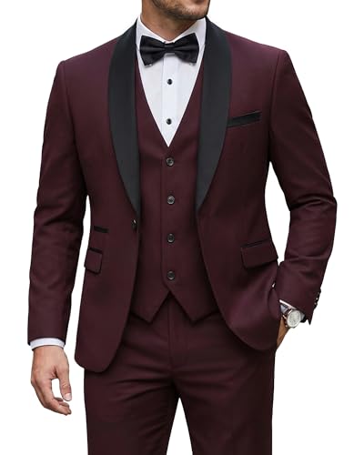 YND Men's 3 Piece Tuxedo Set with Bow Tie, Slim Fit One Button Shawl Lapel Suit Blazer Vest Pants, for Wedding Prom Dinners, Burgundy