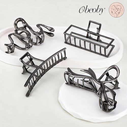 obeoby 4 Pcs Large Metal Hair Claw Clips for Women Thick Long Hair, Black