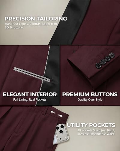 YND Men's 3 Piece Tuxedo Set with Bow Tie, Slim Fit One Button Shawl Lapel Suit Blazer Vest Pants, for Wedding Prom Dinners, Burgundy