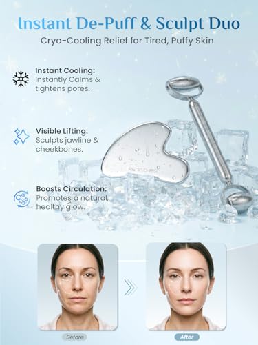 Rena Chris Gua Sha and Face Roller Set: Anti-Breakage Stainless Steel Roller for Long-Lasting Use, Jawline Sculpting and Puffiness Reducing, Gua Sha Facial Tools for Self Care Gift (Silver)