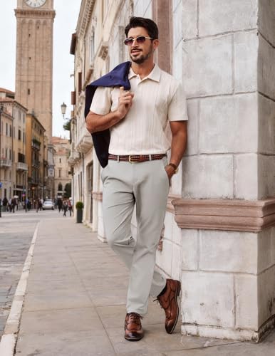 PJ PAUL JONES Men's Dress Pants Stretch Golf Pants Slim Fit Tapered Dress Work Casual Extended Waist Trousers Beige Gray M