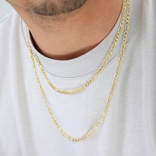 Nuragold 10k Real Yellow Gold Figaro Link Pave Diamond Cut Chain Necklace - 22",4.5mm