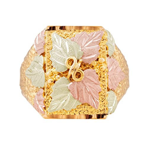 Men's Square Multiple Leaf Ring, 10k Yellow Gold, 12k Green and Rose Black Hills Gold Size 9.5