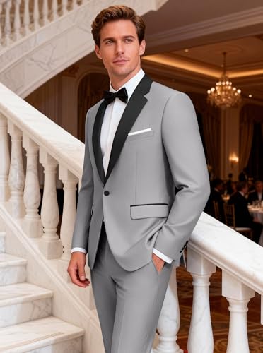 WULFUL Men's 2 Piece Slim Fit Suit Set One Button Blazer Jacket Pants Tuxedo Set for Prom, Wedding and Business