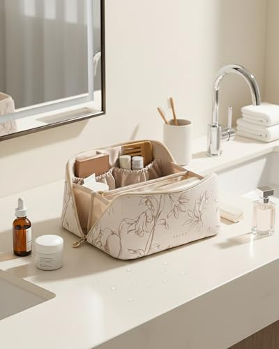 EACHY Travel Makeup Bag, Floral Cosmetic Bag for Women, Beige, Medium