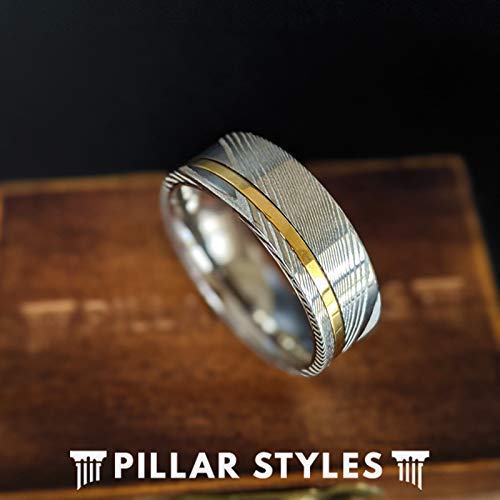 Pillar Styles 14K Gold Damascus Rings for Men 8mm Unique Silver Damascus Steel Wedding Band Mens Gold Ring with Offset Inlay Comfort Fit Engagement Bands