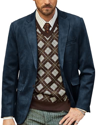 Mens Suede Blazer Single Breasted Sport Coat Business Slim Fit Two-Button Blazer Navy Blue L
