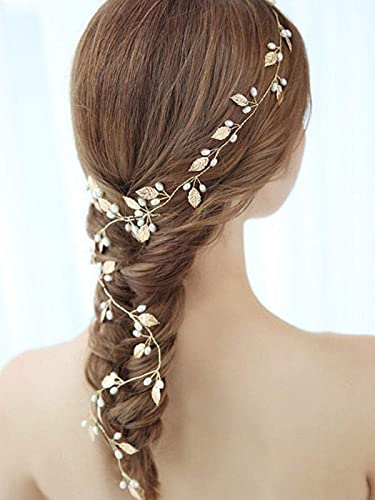 Unicra Gold Leaf Hair Vine Bridal Headpiece Wedding Hair Accessories for Brides and Women(15.75inches) (Gold)