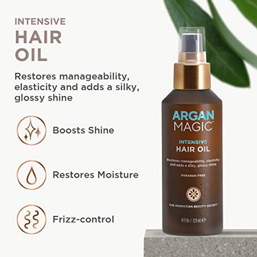 Argan Magic Intensive Hair Oil - Restores Manageability and Elasticity | Adds Shine and Gloss | Controls Frizz | Paraben Free, (4 oz)
