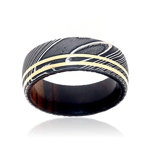 8mm Damascus Steel Wedding Bands USA Made 14k Gold Rings Damascus Rings