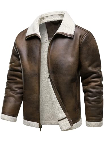 HOOD CREW Men’s Vintage Distressed Jacket Winter Warm Faux Shearling Leather Bomber Jackets Motorcycle Biker Coats Brown M