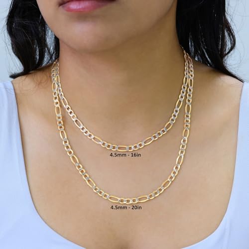 Nuragold 14k Real Yellow Gold Figaro Link Pave Diamond Cut Chain Necklace - 28",5.5mm
